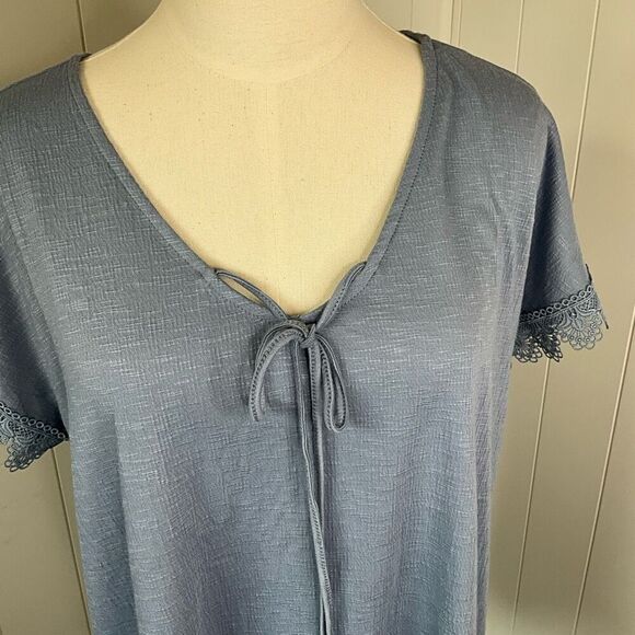 Fred David Womens Large Pullover Tie Neck Top Blue Tassels Textured Short Sleeve - Picture 2 of 13